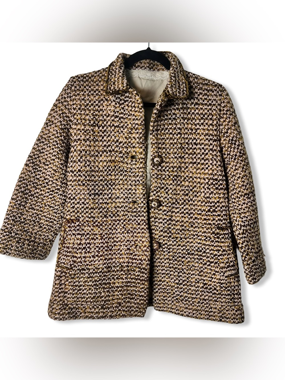 Handmade Vintage 70s Chunky Knit Tweed Car Coat Brown Pink Mustard Boucle Sz M/L